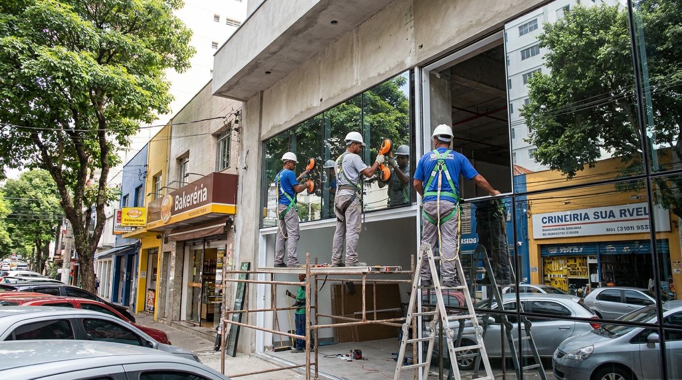 Fachada de vidro com confeitaria vizinha em Niterói-RJ
