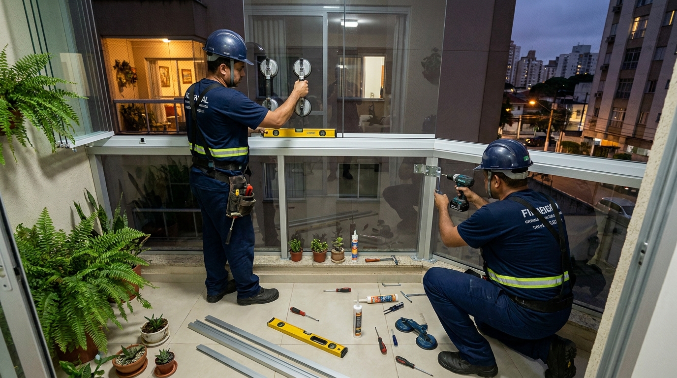 Instalação noturna de parede de vidro em Niterói-RJ