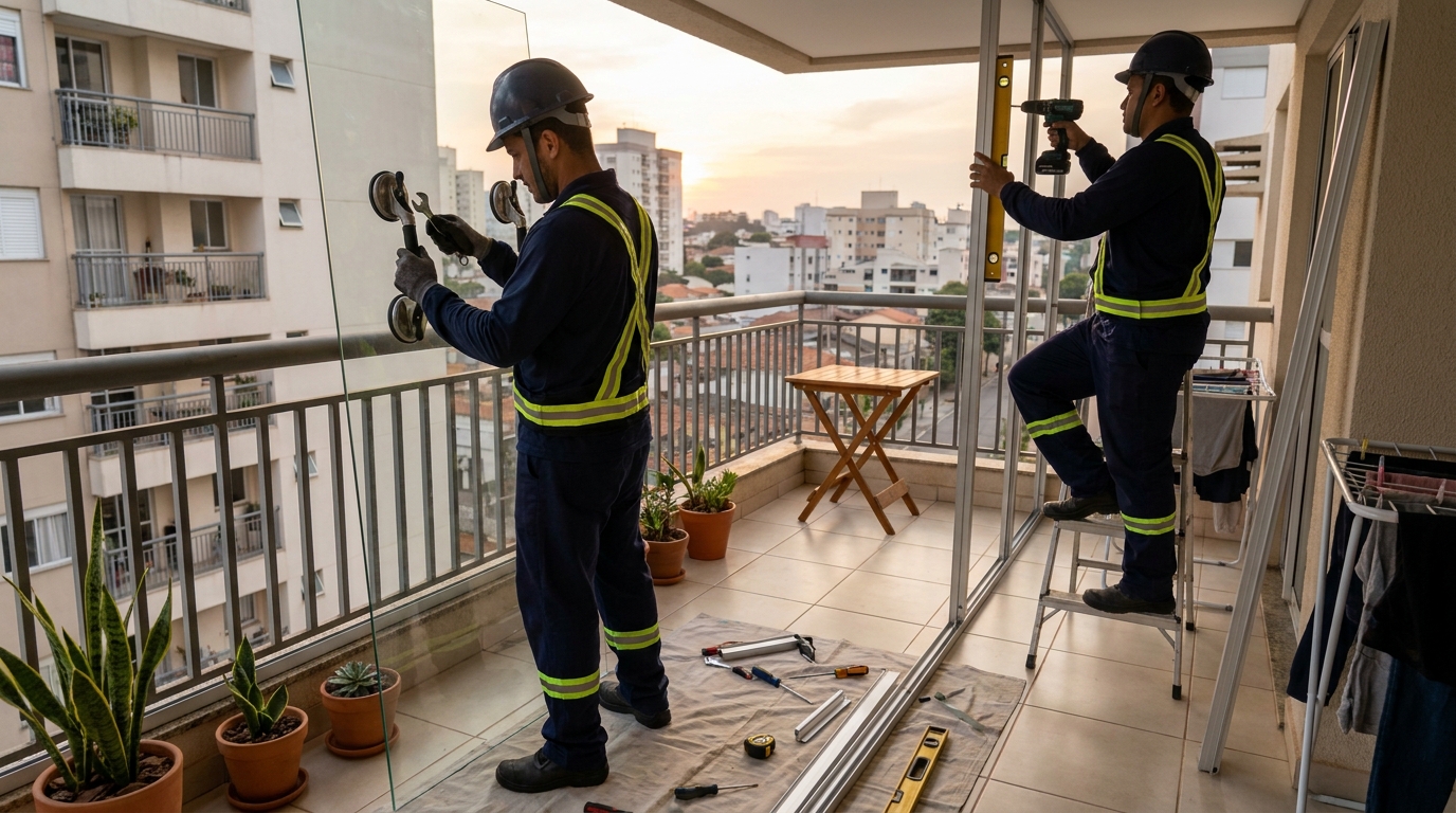 Instalação de parede de vidro em sacada em Niterói-RJ