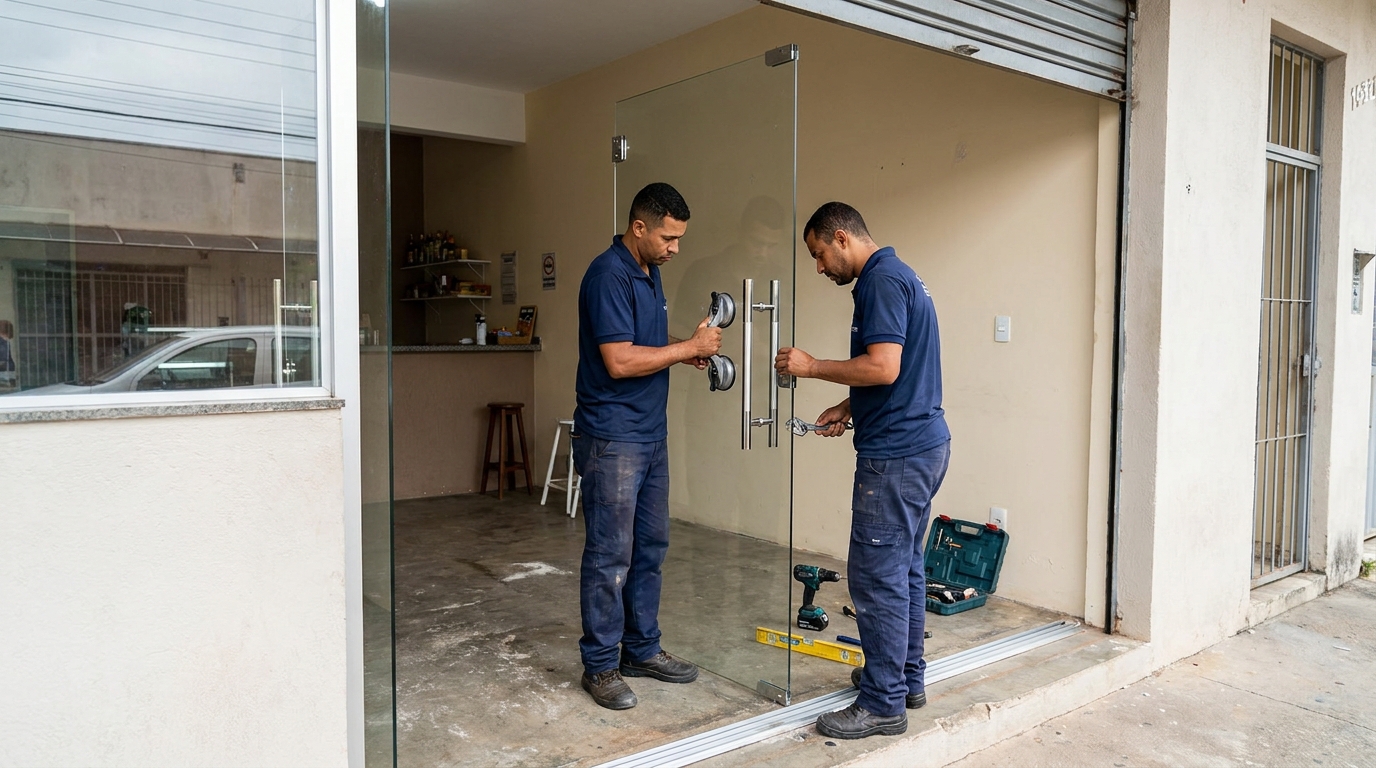 Dupla instalando porta de vidro em loja em Niterói-RJ
