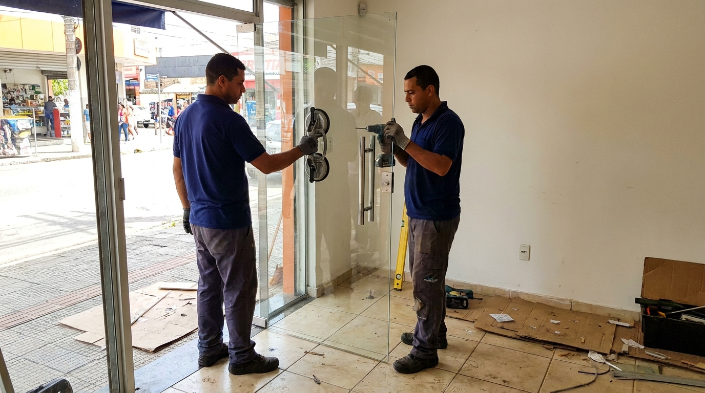 Porta de vidro de loja em rua movimentada em Niterói-RJ